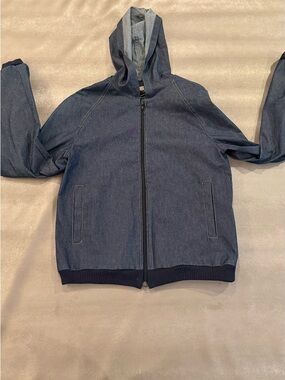 A.M.M Angela Mele Milano Denim-Look Hooded Zip Jacket in Dark Blue. 
Size L